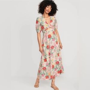 Old Navy Floral Linen-blend Twist-front Maxi Dress size L Puff Sleeve Tie Waist